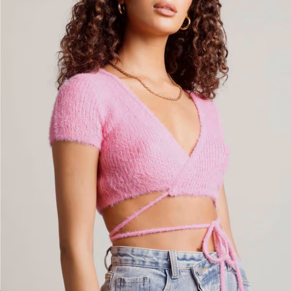 Boutique Pink Fuzzy Wrap Crop Top